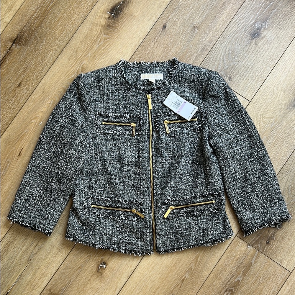 Michael Kors Jacket Short Black White Tweed Zip Up Jacket Academia Old Money Sz6